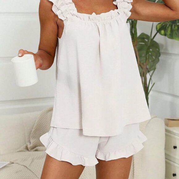 White Casual Women's Lounge Set Ruffle Top Shorts - Picture 5 of 5